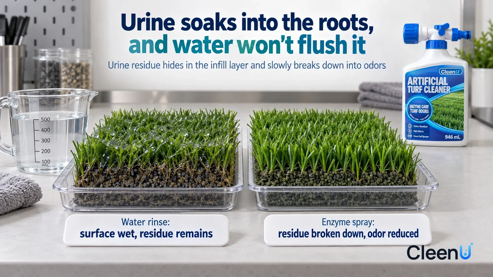 Illustration: CleenU Artificial Turf Cleaner — A landscape medium close-up of a small experiment in a cleaning lab: two identical shallow trays side by side on a white test bench Headline: "Urine soak