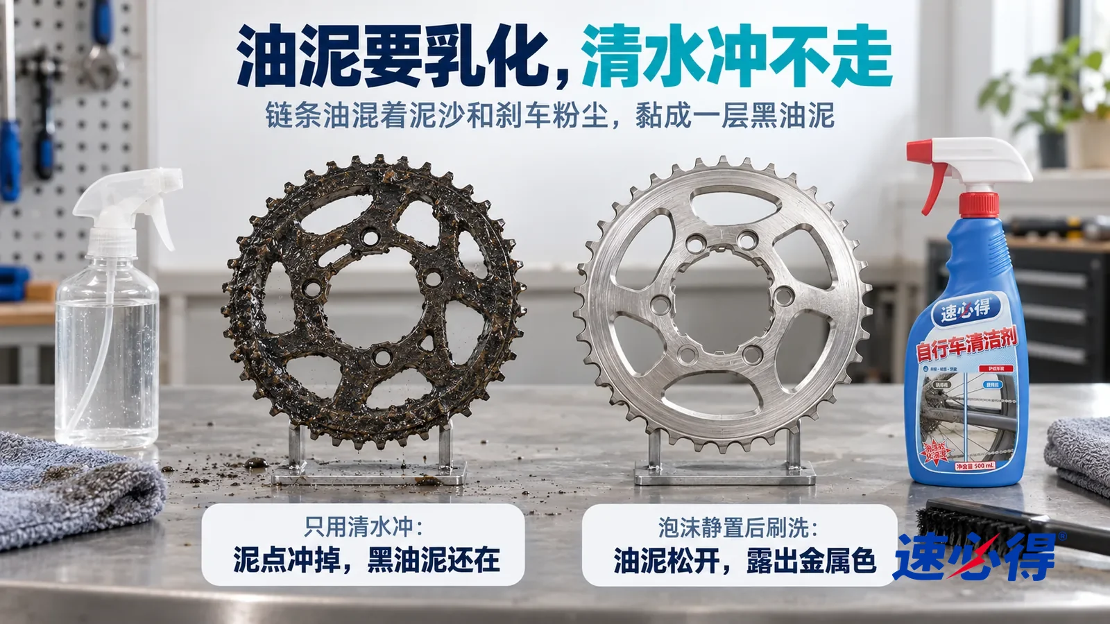 示意图：速必得自行车清洁剂——原本都沾着一样的黑色油泥，标题“油泥要乳化，清水冲不走”
