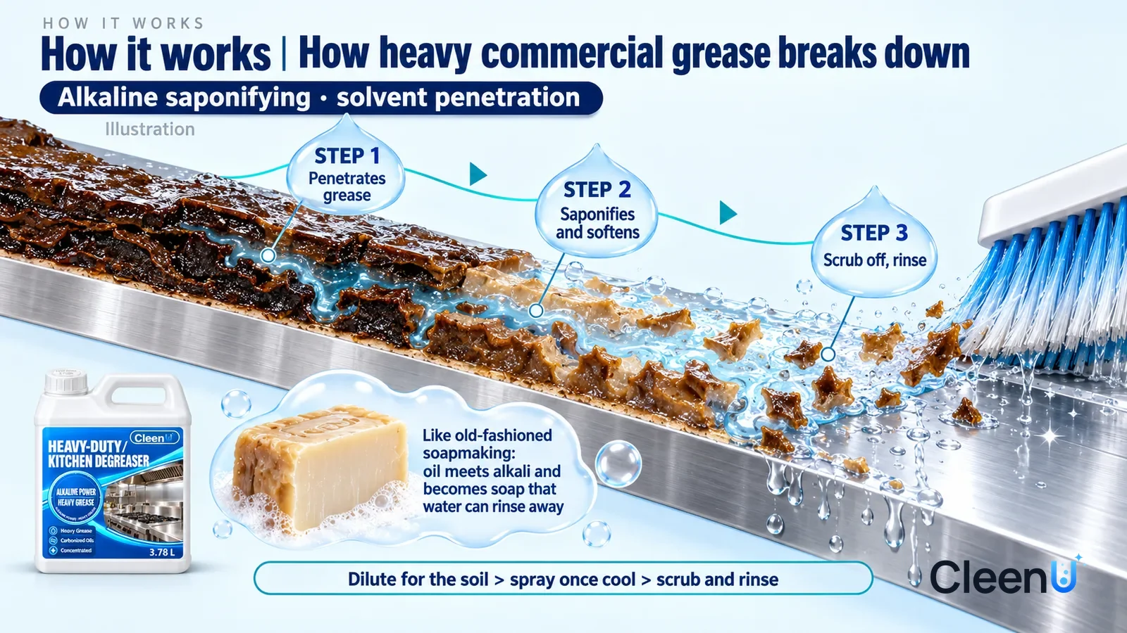 Illustration: CleenU Heavy-Duty Kitchen Degreaser — an enormously magnified slice of a stainless-steel range surface runs diagonally from upper left to lower right; on the left a thick layer o