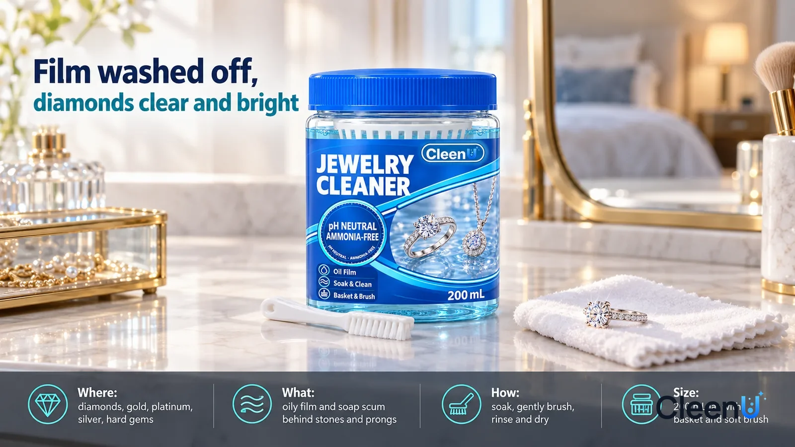 Illustration: CleenU Jewelry Cleaner, blue lid on, stands centered on the vanity, the matching small white soft brush in front of the jar