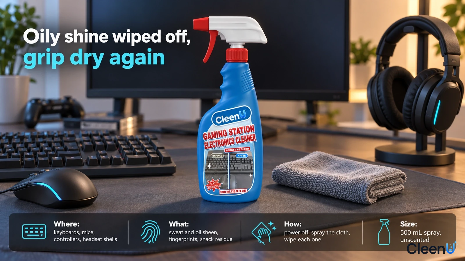 Illustration: A blue cleaner bottle and gray cloth beside a keyboard, mouse and headphones.