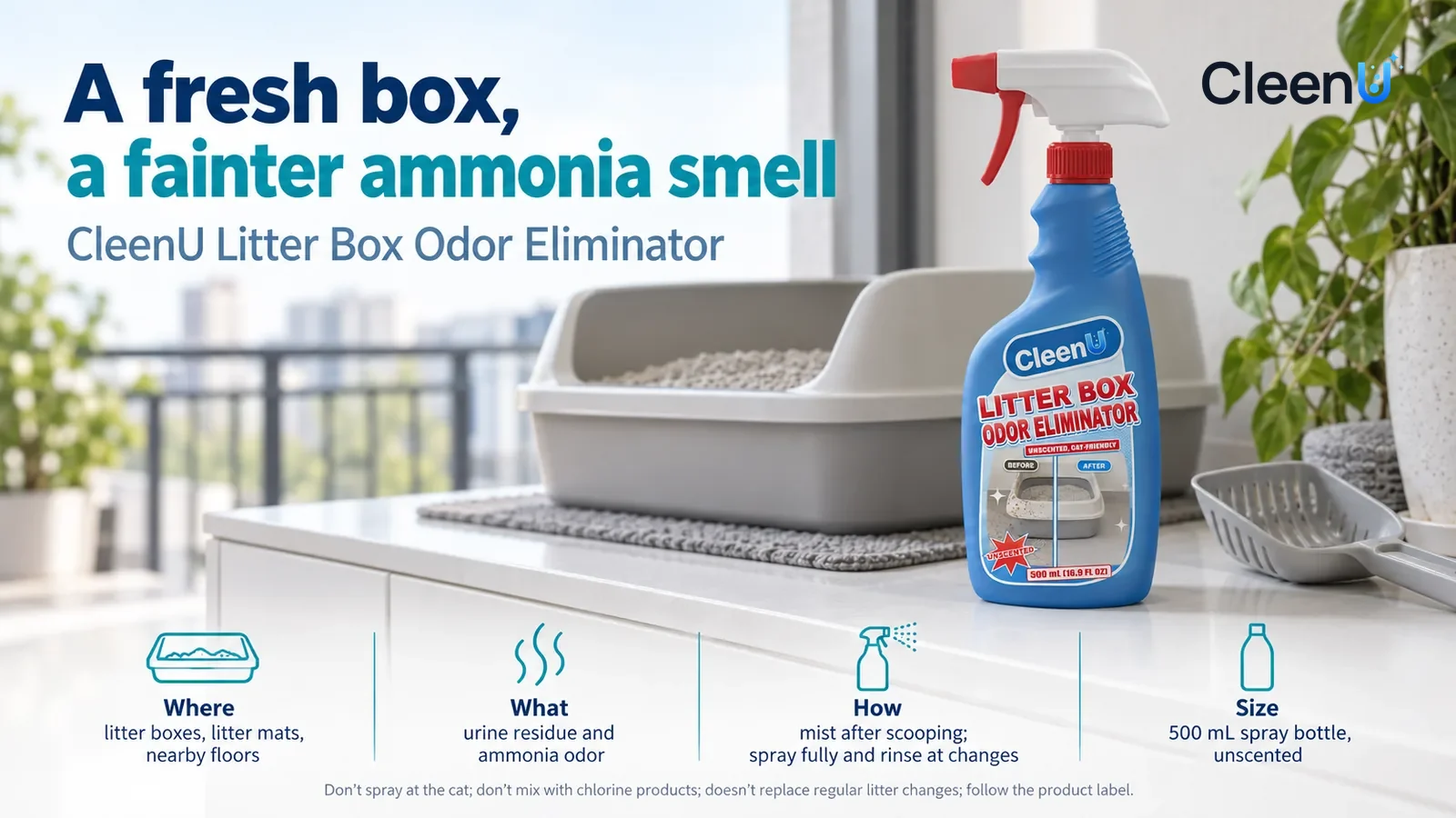 Illustration: CleenU Litter Box Odor Eliminator stands in the right third of the frame on the balcony storage cabinet top, a clean litter scoop beside it Headline: "A fresh box, a fainter ammonia smel