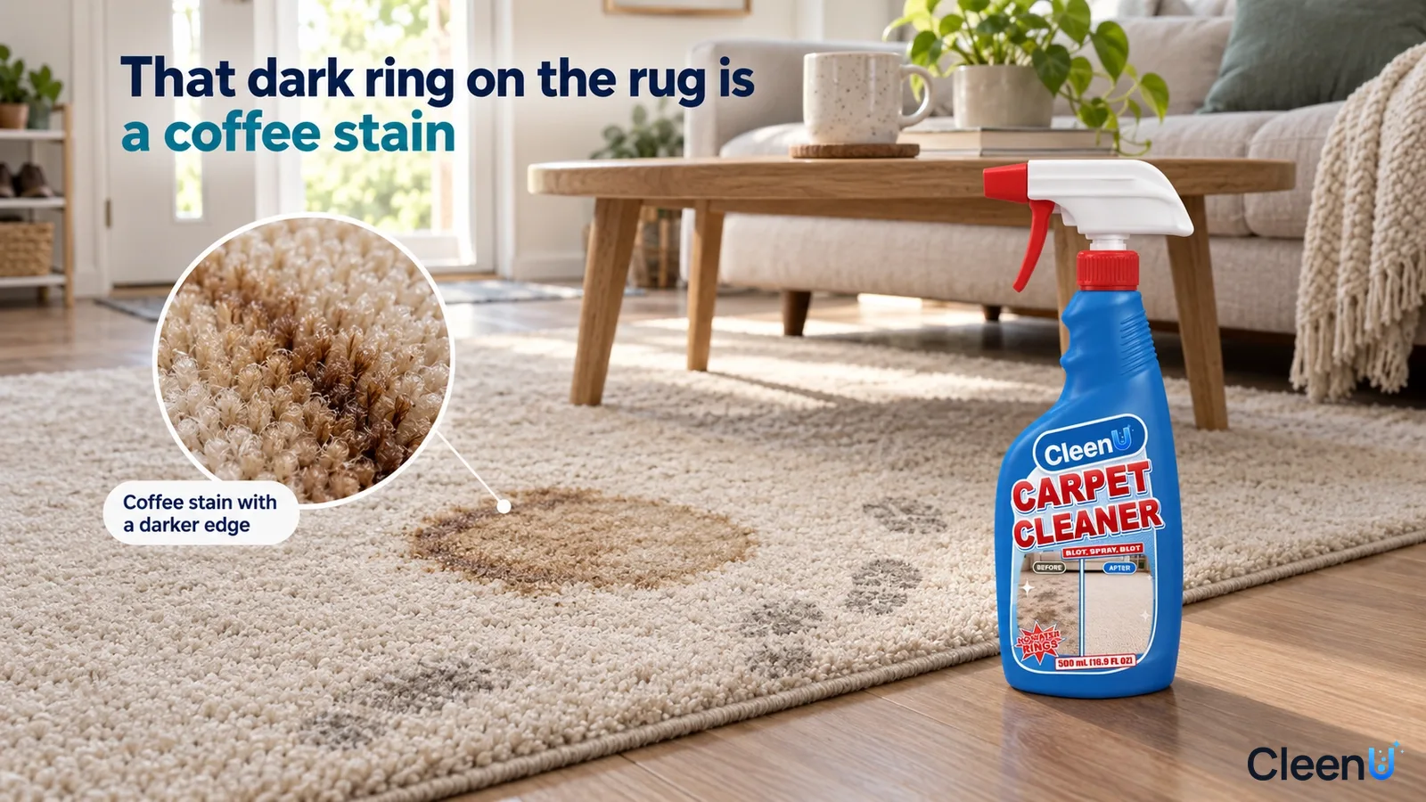 Illustration: A brown coffee ring and dark footprints on a light rug beside a blue cleaner bottle.
