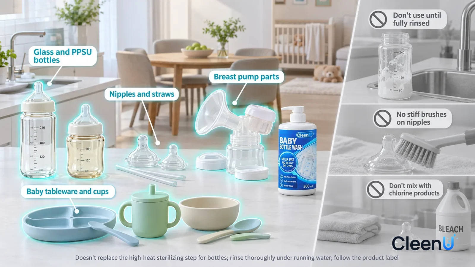 Illustration: CleenU Baby Bottle Wash — A realistic 3D cutaway of a bright home's kitchen, dining room, and nursery, one continuous space from one viewpoint
