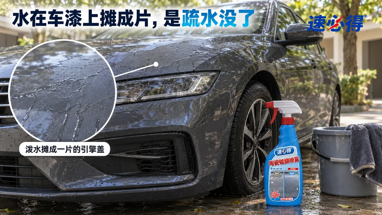 示意图：速必得陶瓷镀膜喷雾——家门口车位的树荫下，一辆刚洗完的深灰色轿车（无车标、无车牌），引擎盖上泼过的水不成珠，摊成一片薄膜慢慢往下流