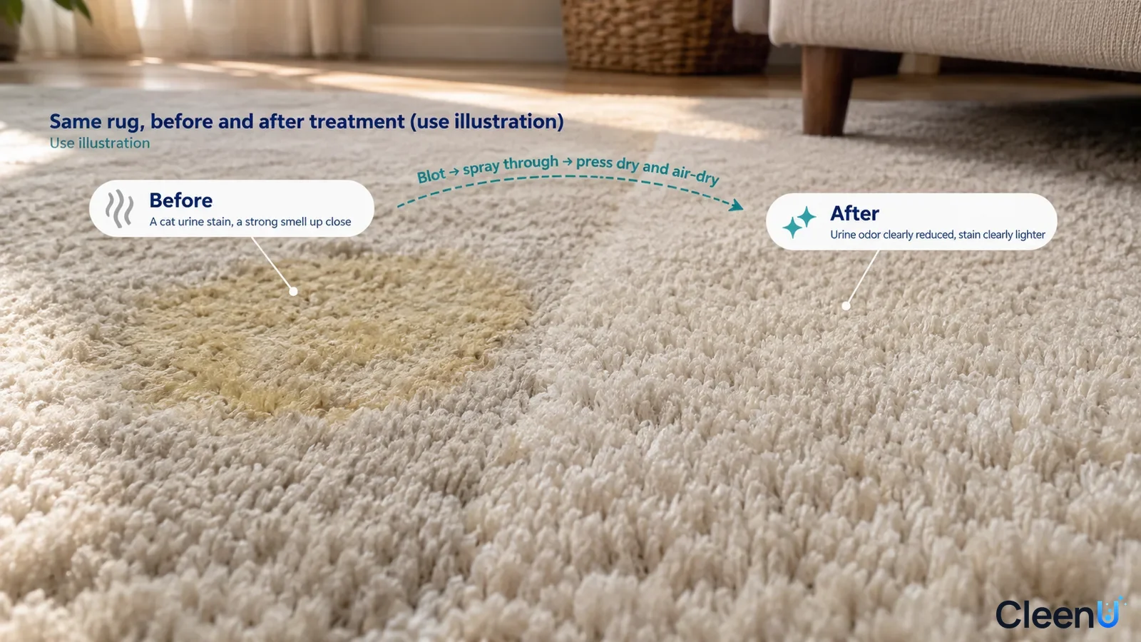 Illustration: A treatment concept comparing a yellow rug stain and lighter area; odor cannot be verified from the image.