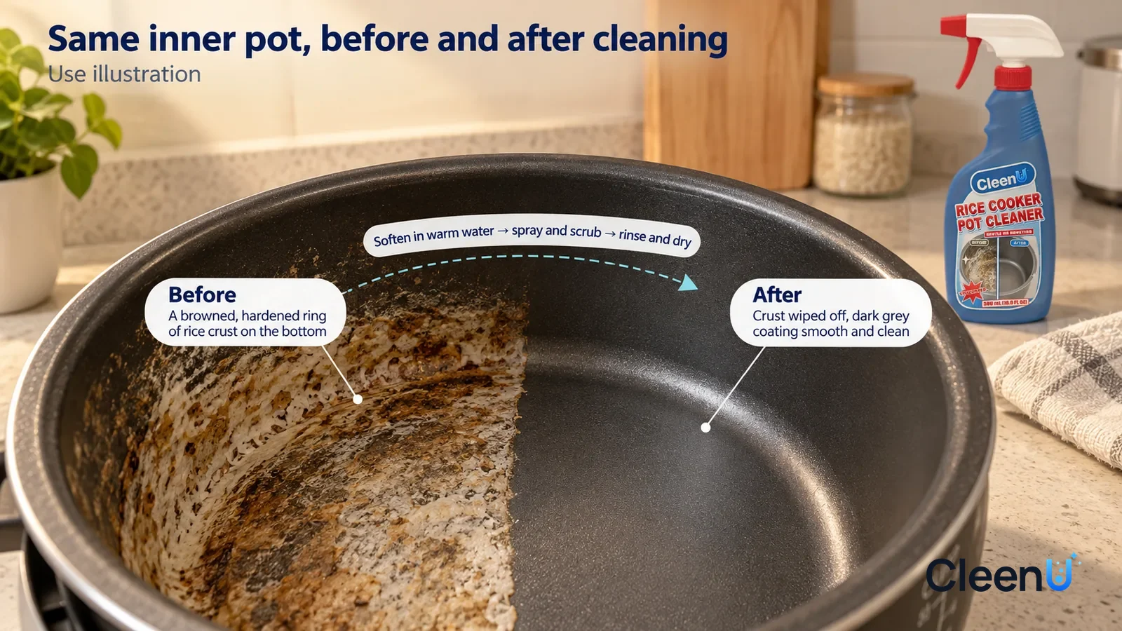 Illustration: CleenU Rice Cooker Pot Cleaner — A full-screen low-angle close-up of the inside bottom of a nonstick inner pot