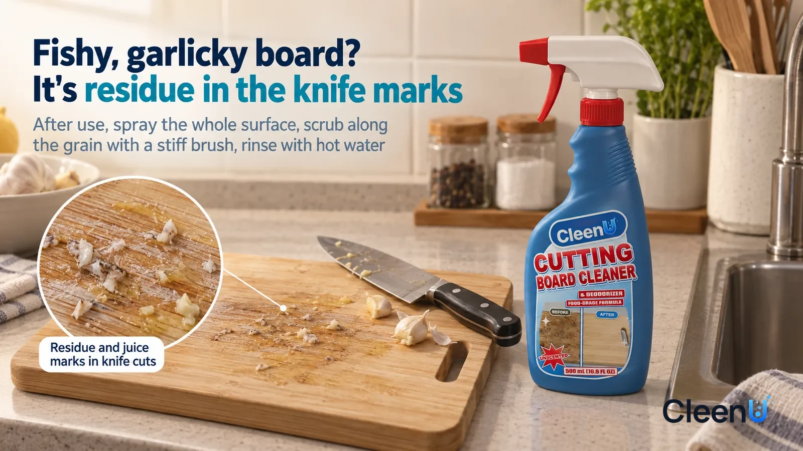 Illustration: CleenU Cutting Board Cleaner & Deodorizer — An everyday kitchen, a bamboo cutting board just used for fish and garlic lying flat on the counter by the sink Headline: "Fishy, garlicky boa
