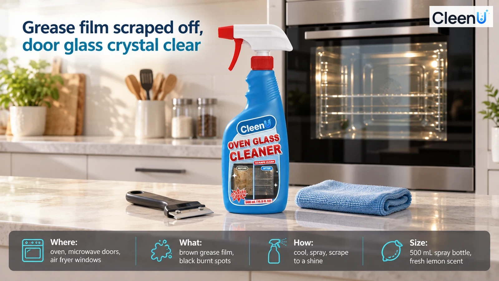 Illustration: A blue cleaner bottle, cloth and glass scraper on a kitchen counter.