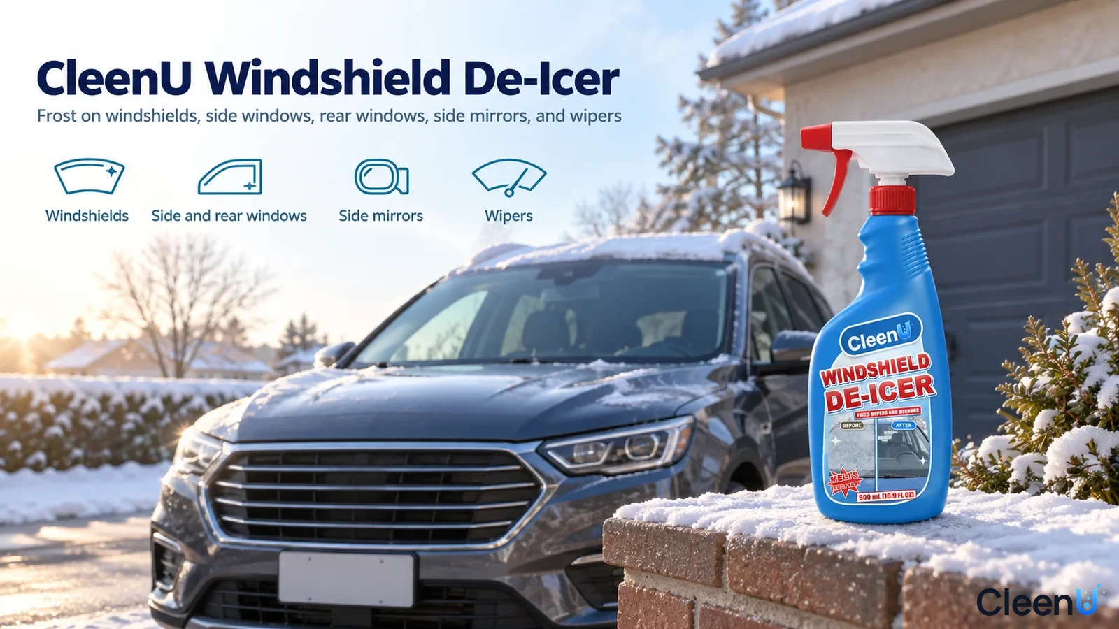 Illustration: A blue bottle beside a car in winter with use icons.