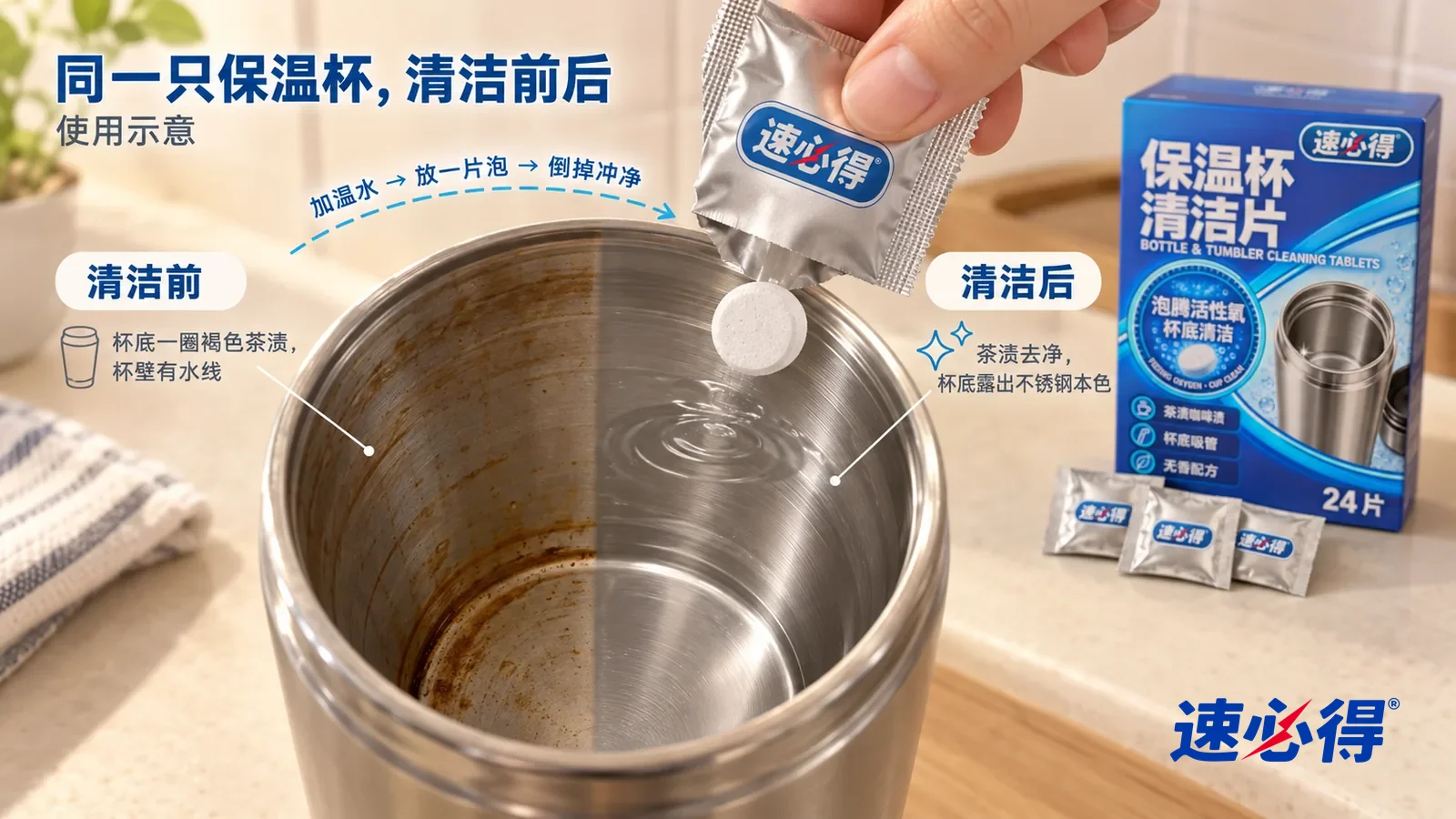 示意图:速必得保温杯清洁片——整屏一只没有任何品牌标志的不锈钢保温杯杯口往里看的低角度大近景,同一侧光:没处理的一半杯壁几道淡褐色水线