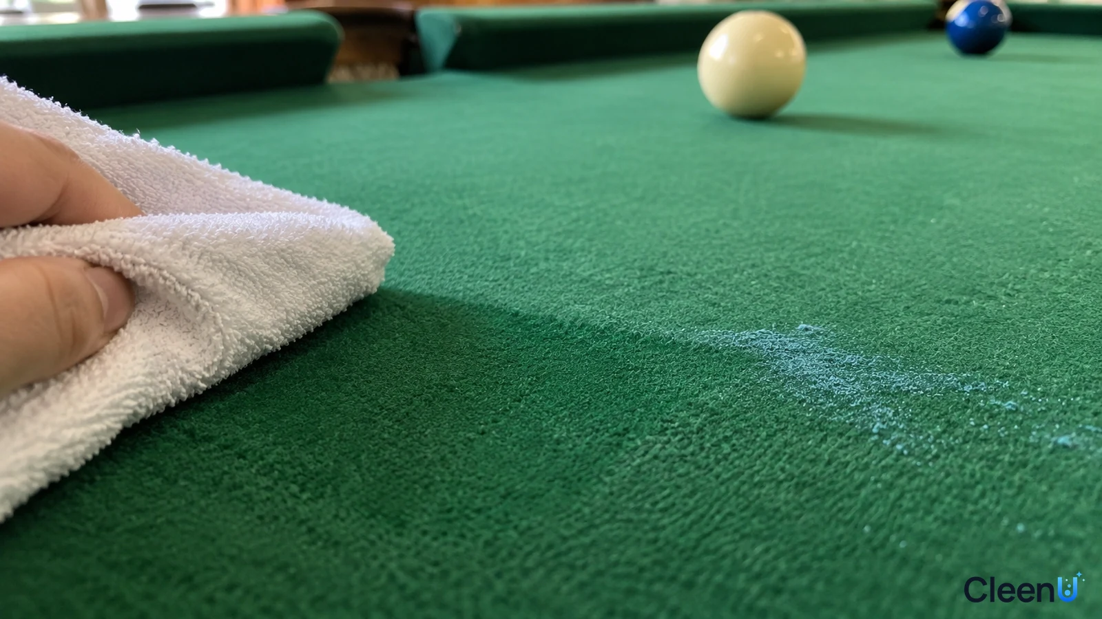 Illustration: A hand wiping blue chalk marks from green billiard cloth with a white cloth.
