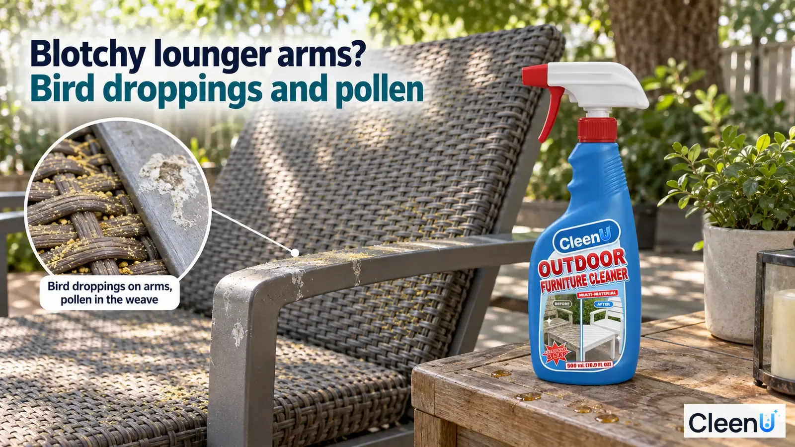 Illustration: Light bird-dropping and pollen marks on a woven lounger arm beside a blue cleaner bottle.
