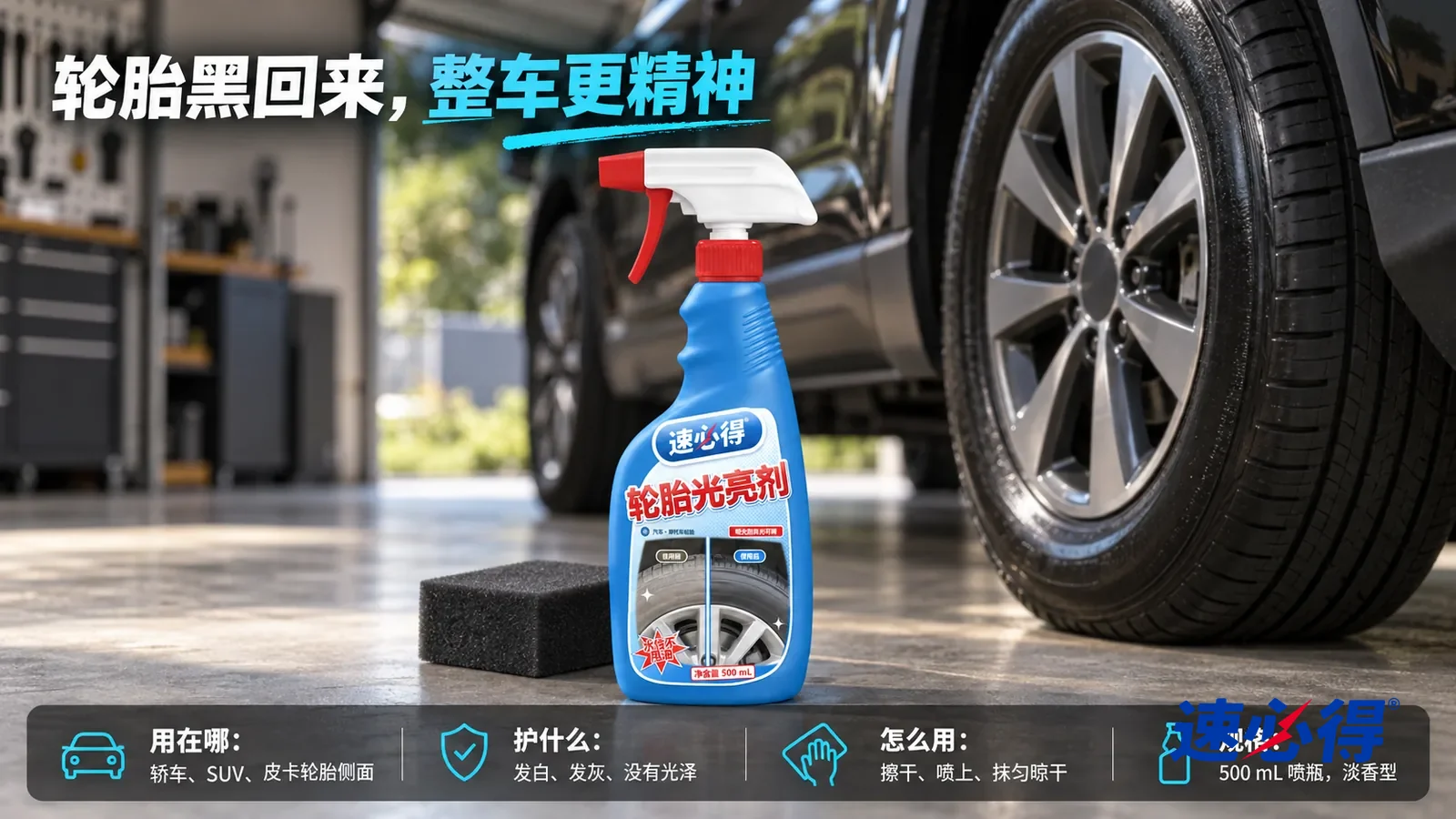 示意图：速必得轮胎光亮剂居中站在车库地面上，旁边一块黑色涂抹海绵，身后一辆家用 SUV（无车标、无车牌号码）深黑的轮胎和干净的车身向画面深处柔和虚化