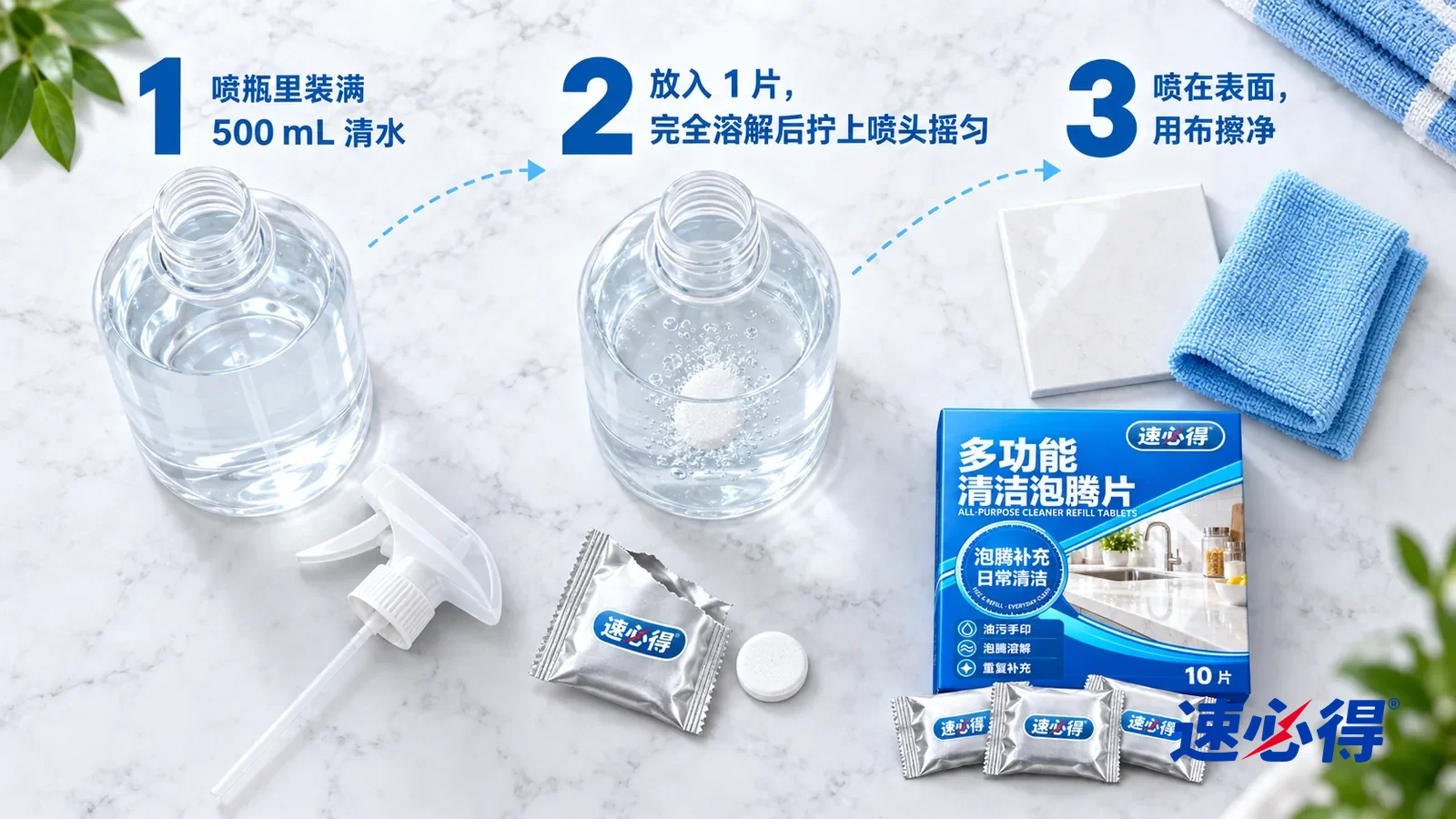 示意图：速必得多功能清洁泡腾片——① 一只装满清水、喷头拧下放在一旁的无标签透明空喷壶（壶身没有任何标志和字样）；② 一只撕开的银色铝箔小袋