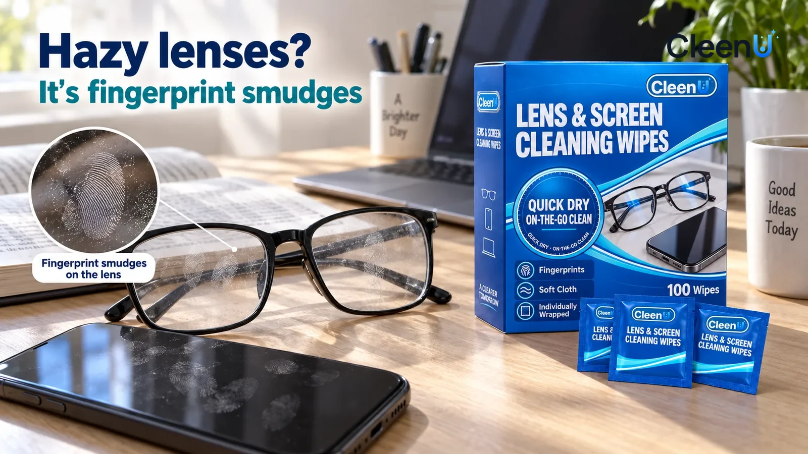 Illustration: CleenU Lens & Screen Cleaning Wipes — An everyday desk; in slanting window light a pair of black-framed glasses (no brand) lies open on the desk