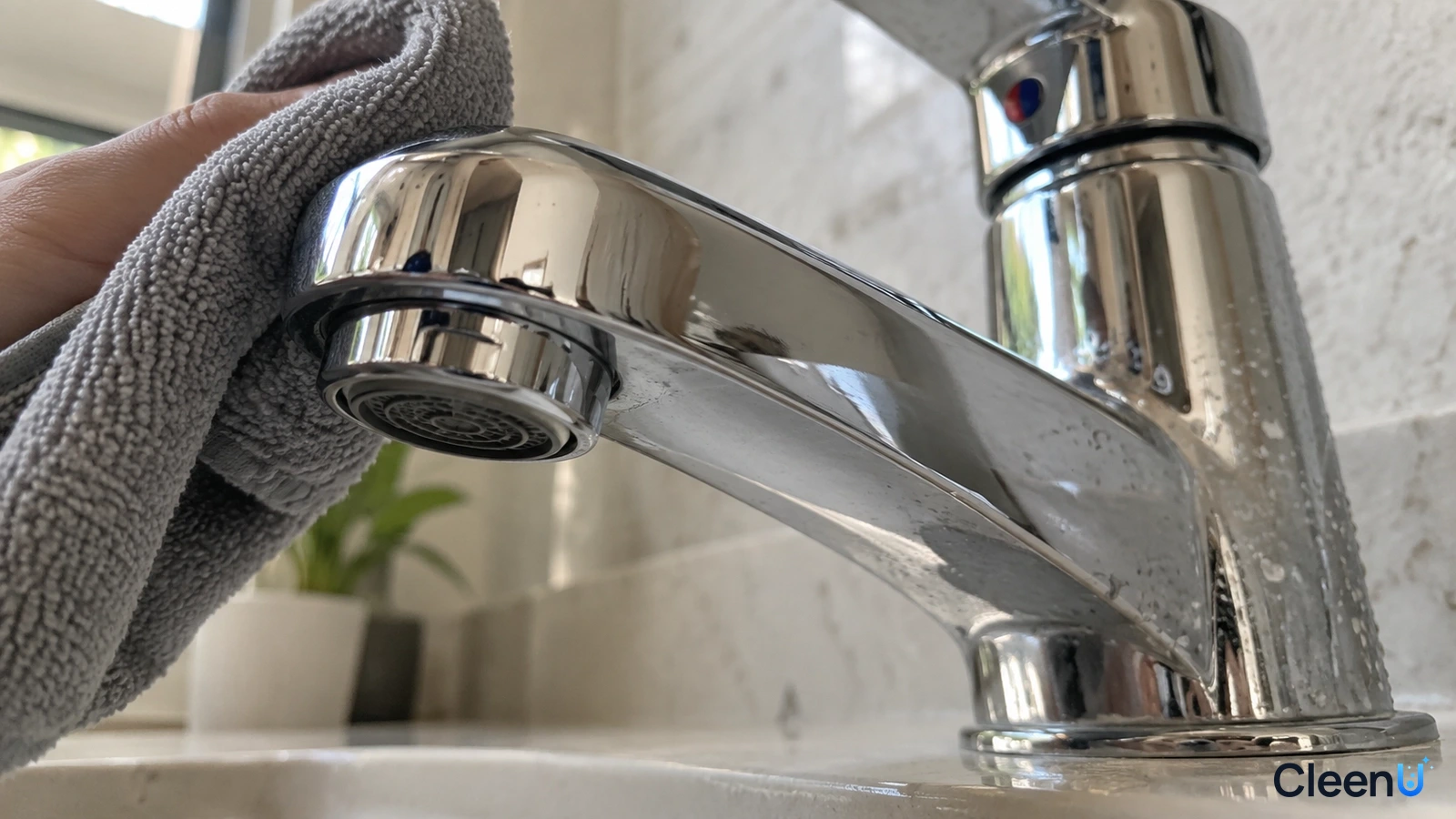 Illustration: Close-up of a gray cloth wiping the exterior of a chrome faucet.