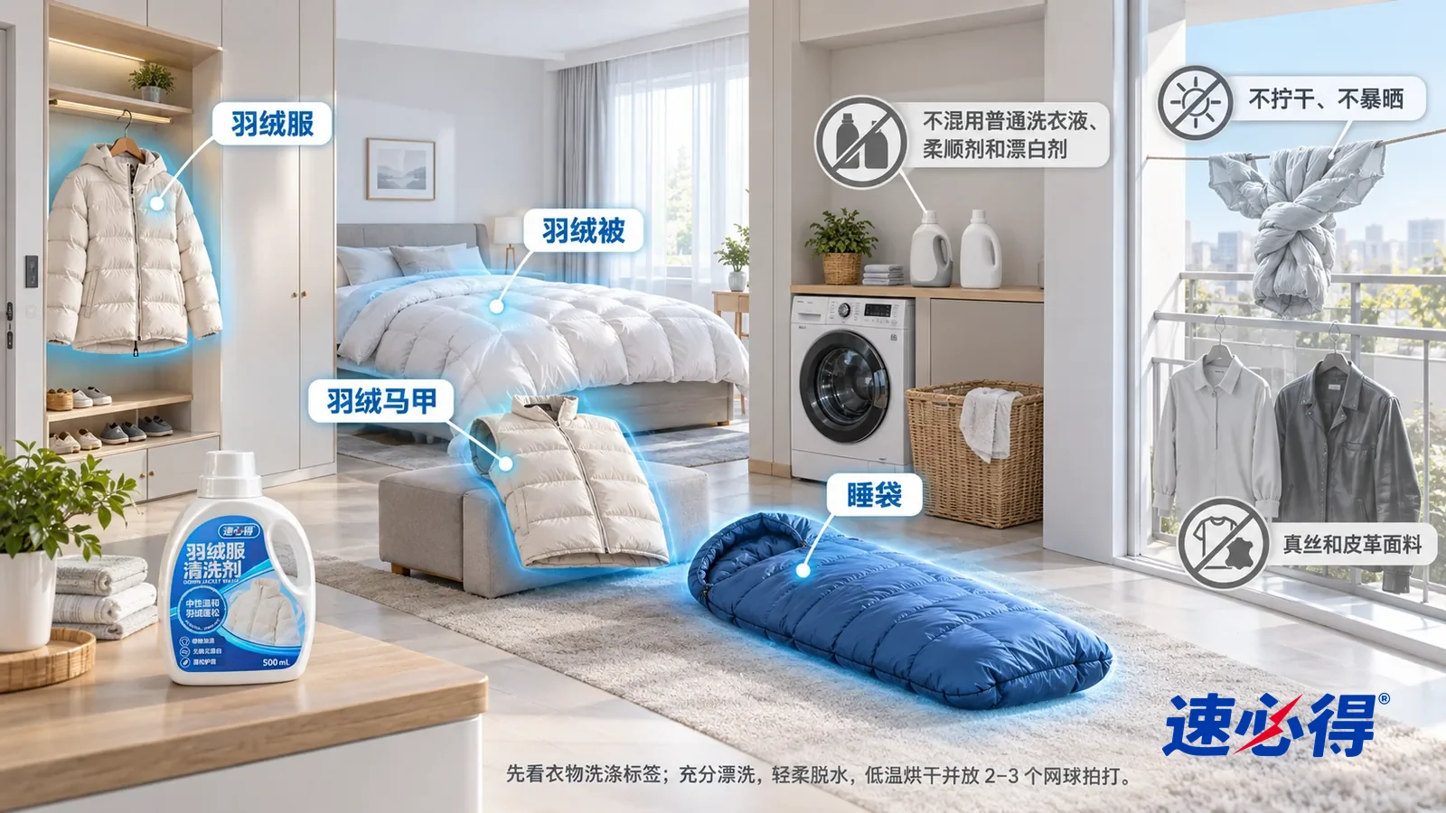 示意图:速必得羽绒服清洗剂——一张写实 3D 剖面实景图,一套明亮的家的玄关、卧室和洗衣间区域,连续空间、一个视角,羽绒服、羽绒马甲、羽绒被