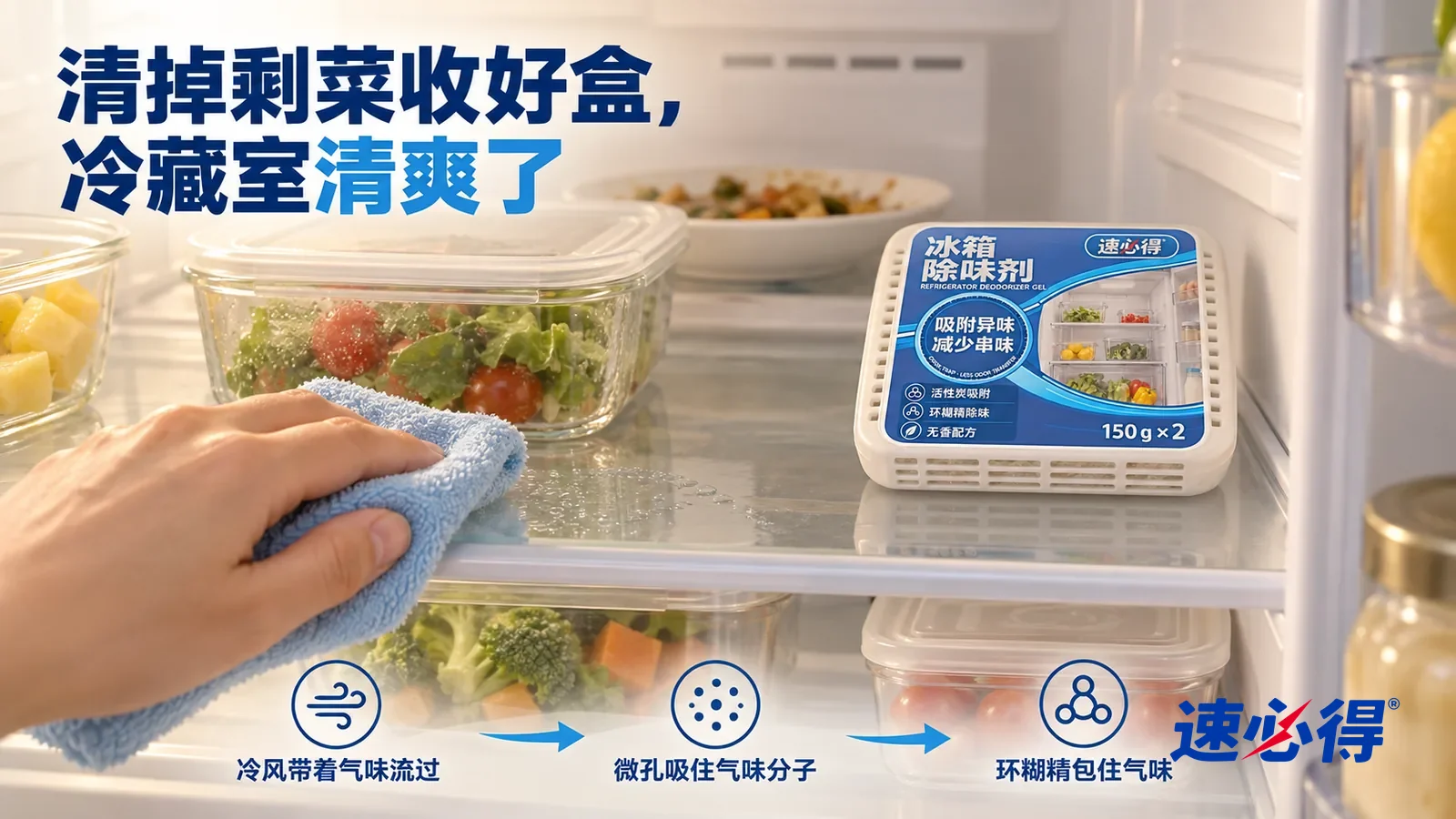 示意图：速必得冰箱除味剂（凝胶款）——打开门的冰箱冷藏室（无品牌标志），玻璃隔板的低角度近景：一只手拿着一块拧干的浅蓝色抹布正擦玻璃隔板，擦过的一道透亮