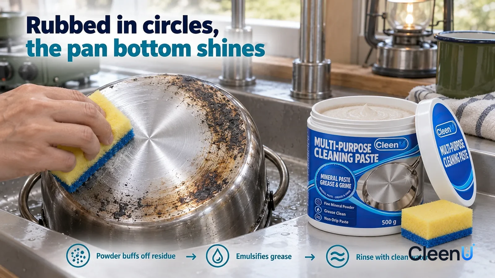 Illustration: CleenU Multi-Purpose Cleaning Paste — By the washing-up sink at a campsite, a low close-up of the bottom of an upside-down stainless pot (no brand marks): one hand holds a damp y