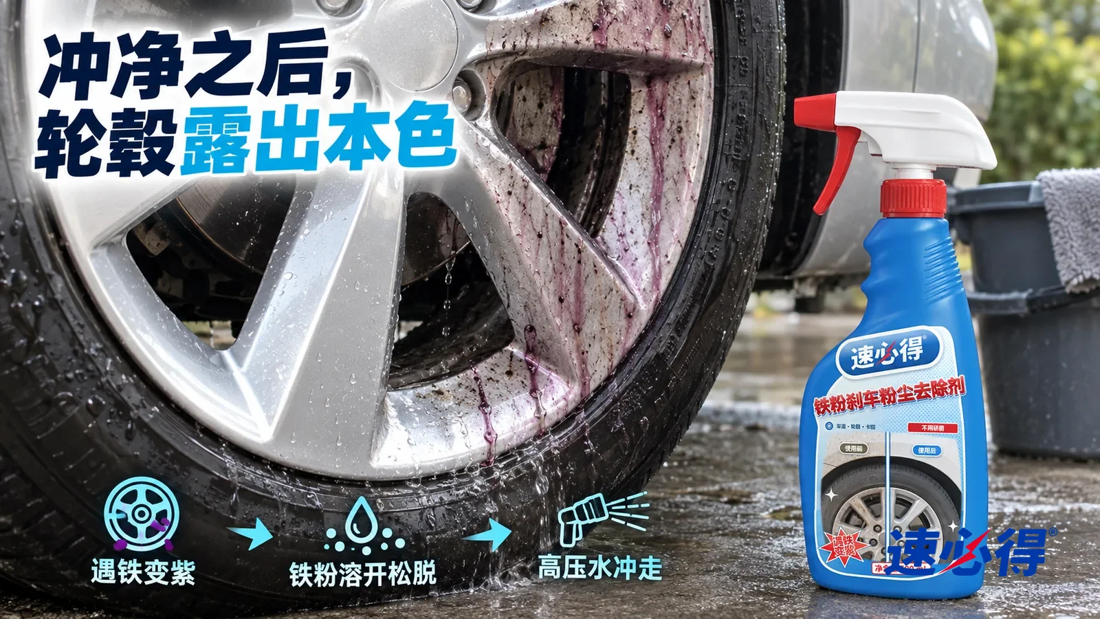 示意图：速必得铁粉刹车粉尘去除剂——一股清水刚冲过，冲过的地方金属干净光亮，旁边还残留一点淡紫红色的反应液痕正往下流