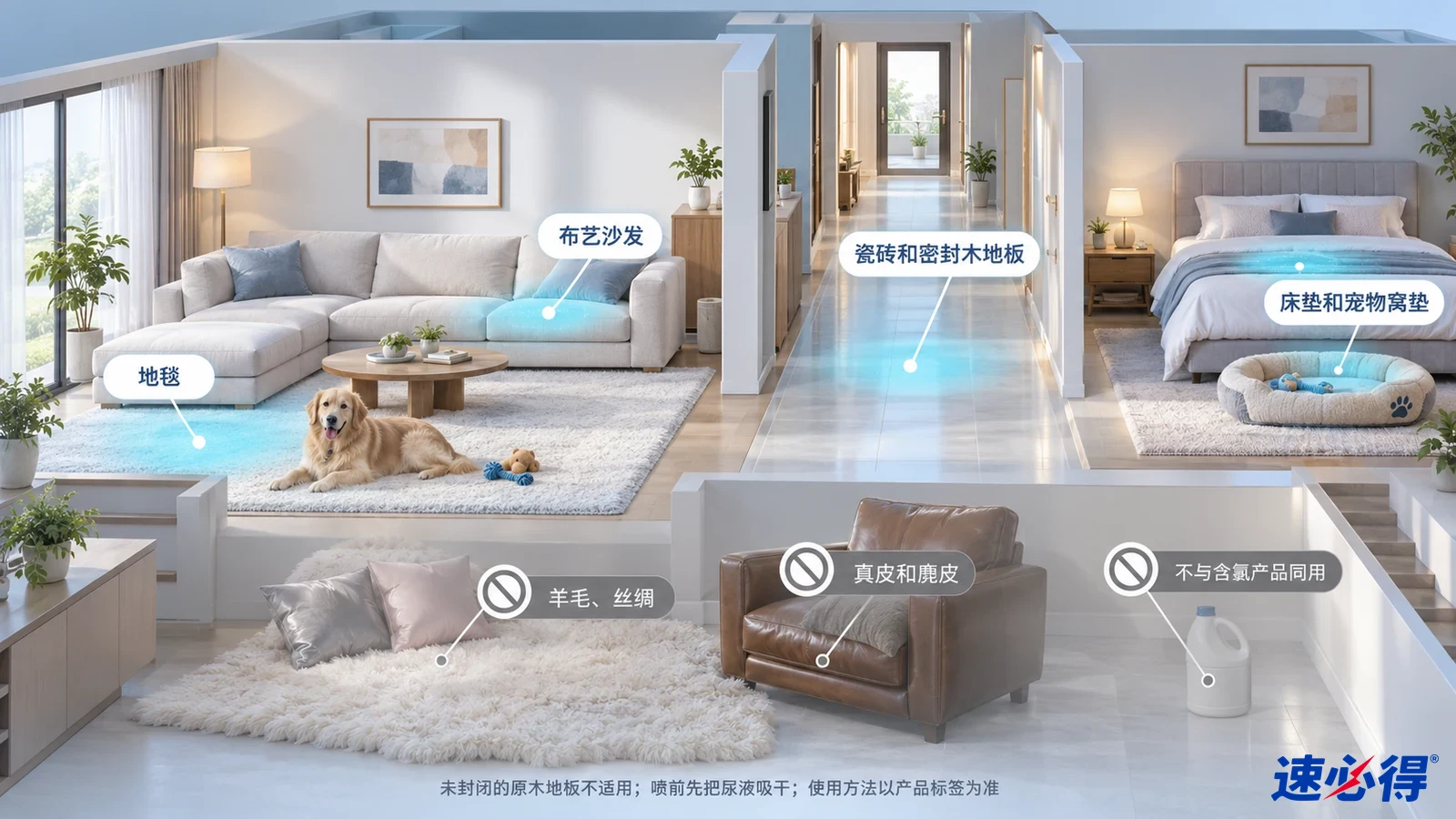 示意图:地毯、布沙发、床垫、宠物床和密封地面被突出显示,旁列材质注意事项。