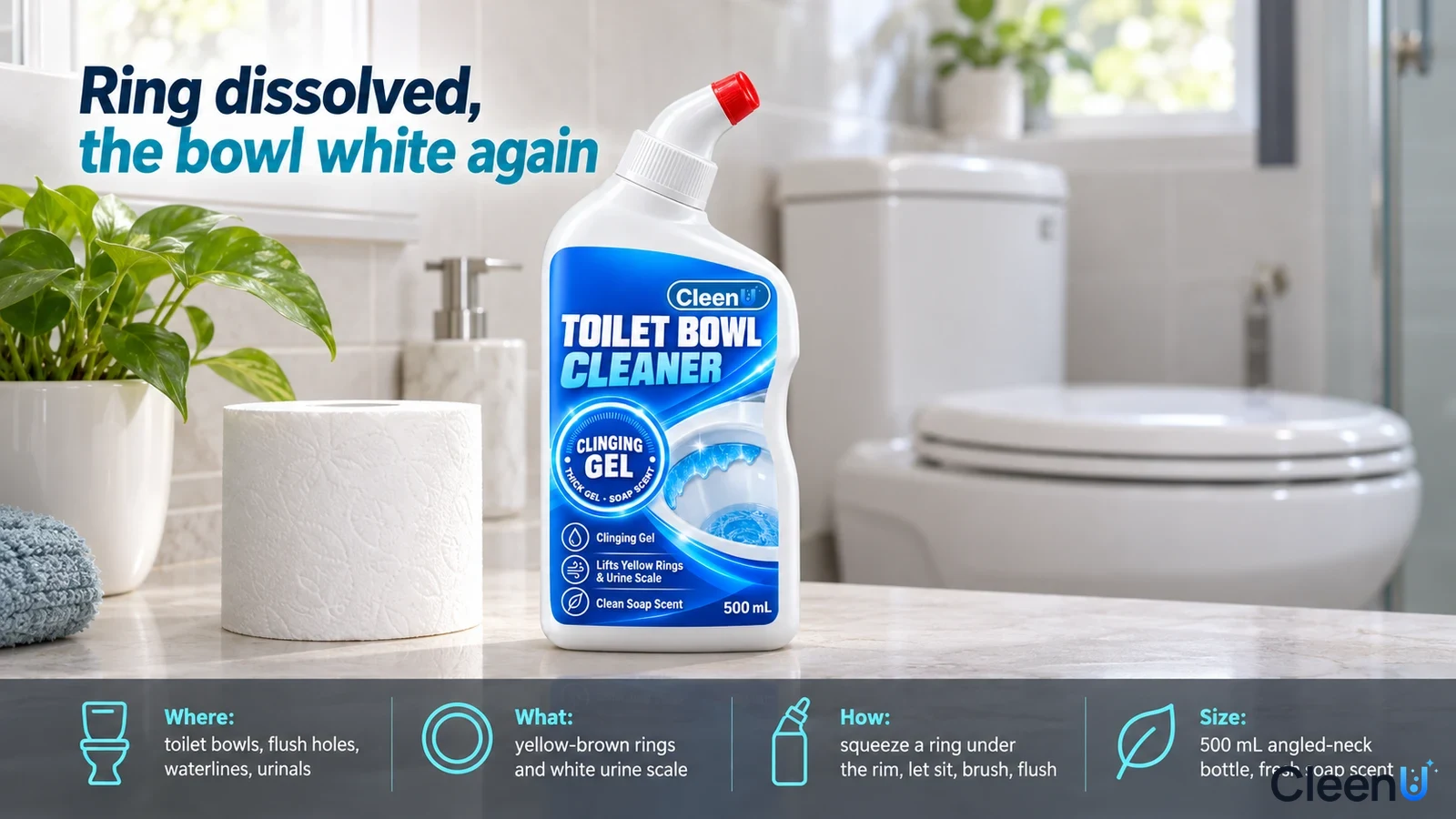Illustration: A white angled-neck cleaner bottle on a bathroom counter beside a toilet and paper roll.