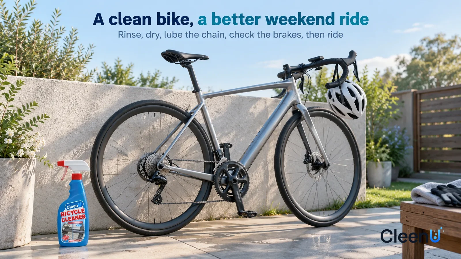 Illustration: CleenU Bicycle Cleaner — A small yard in the early morning, a clean bike leaning against a light-colored yard wall, the frame paint clean Headline: "A clean bike, a better weekend ride"