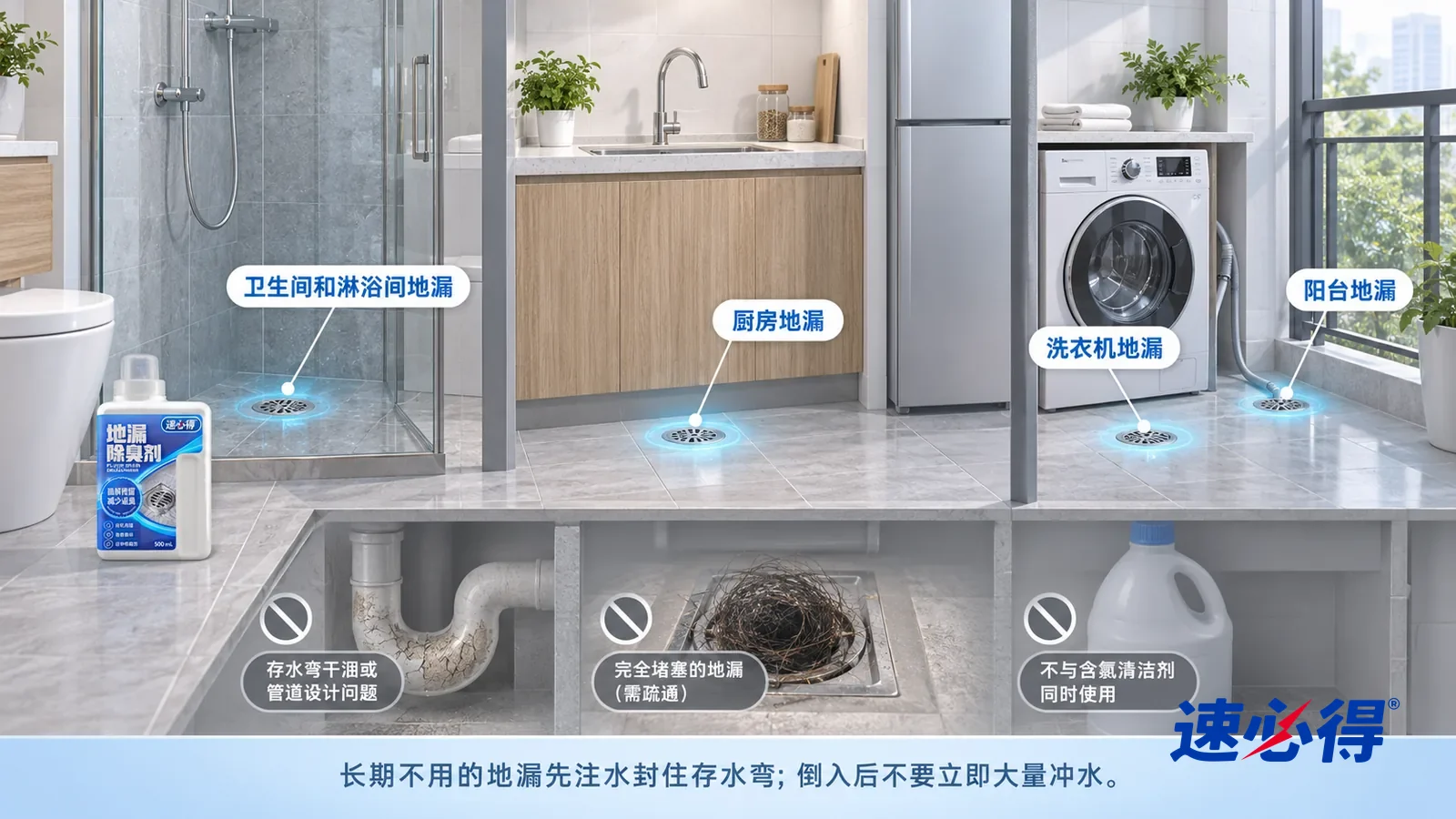 示意图：速必得地漏除臭剂——一张写实 3D 剖面实景图，一套明亮的家的卫生间、厨房和阳台洗衣区域，连续空间、一个视角，淋浴间地漏、阳台地漏、厨房地漏