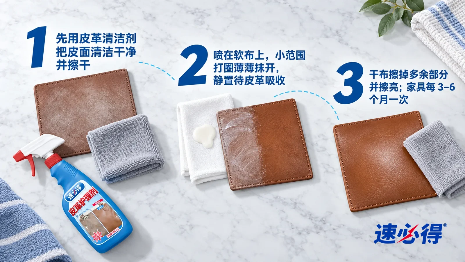 示意图:速必得皮革护理剂——正上方俯拍的浅色大理石台面,不出现瓶子和手:① 一块已经擦干净、表面还有点发干发白的棕色皮样块和一块浅灰超细纤维布;② 一块叠好的白色软布