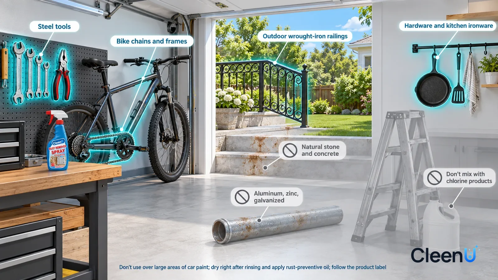 Illustration: CleenU Rust Remover Spray — A realistic 3D cutaway of a bright home's garage, backyard, and kitchen, one continuous space from one viewpoint