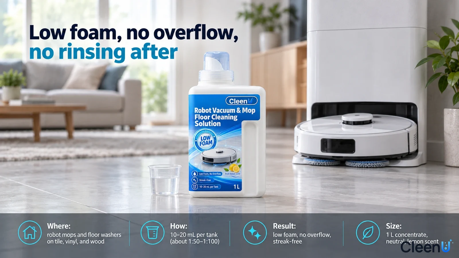 Illustration: A white cleaning-solution bottle beside a robot mop and docking station.
