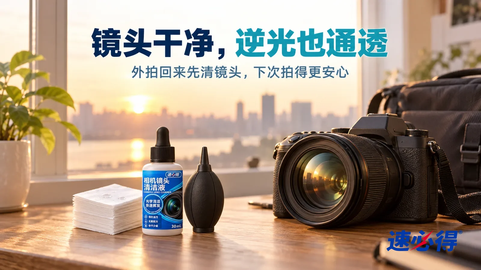 示意图：速必得相机镜头清洁液——傍晚的窗边，一台装好镜头的相机（无品牌标志、无文字）放在木桌上，镜头对着窗外金色的逆光，前镜片干净通透；旁边一只相机包，标题“镜头干净，逆光也通透”