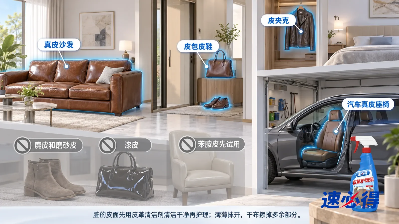 示意图：速必得皮革护理剂——一张写实 3D 剖面实景图，一套明亮的家的客厅、玄关、卧室和车库区域，连续空间、一个视角，不出现瓶子：棕色真皮沙发