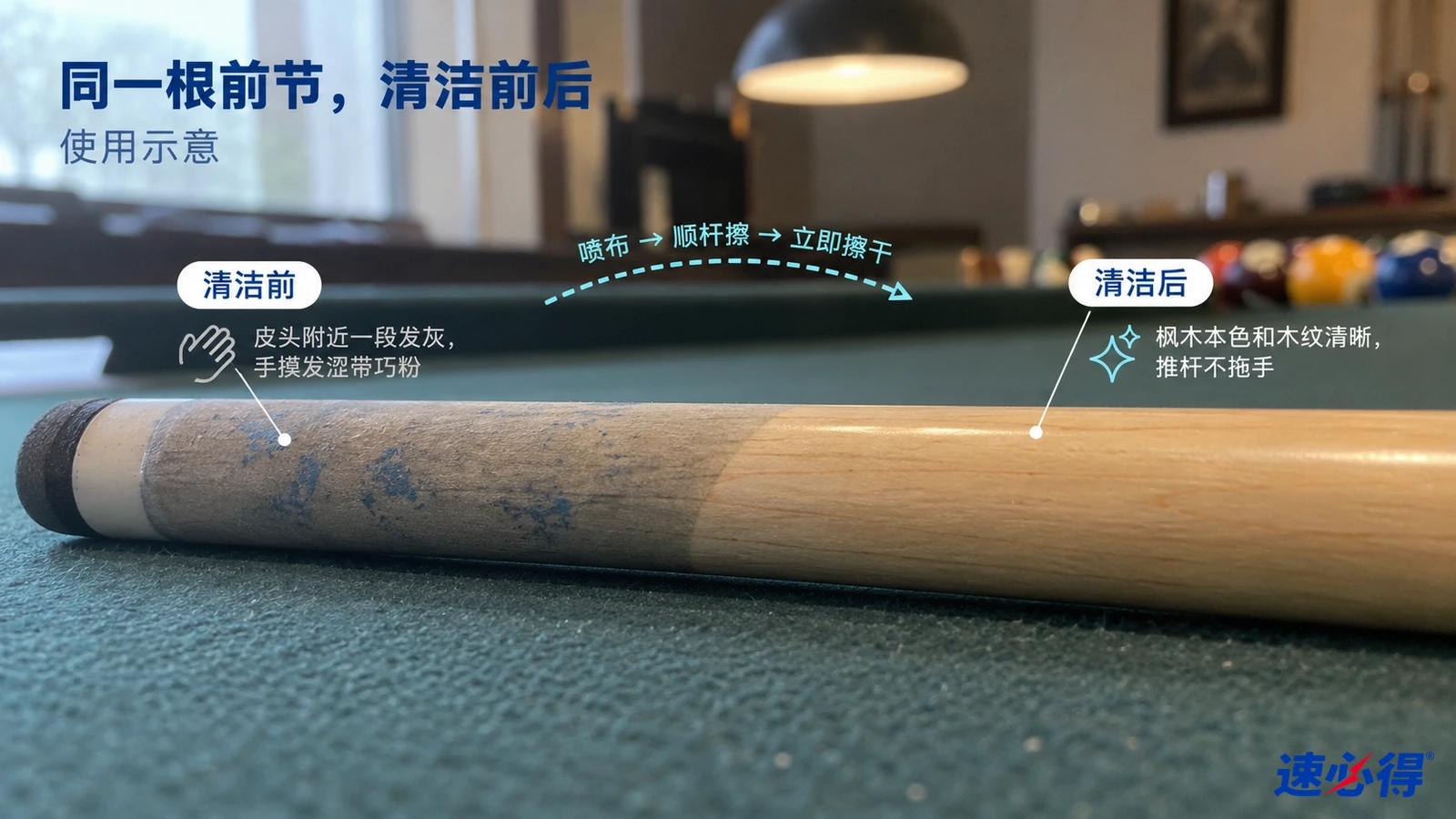 示意图：同一台球杆前节的灰色污膜区域与较洁净区域对照，非实测照片。