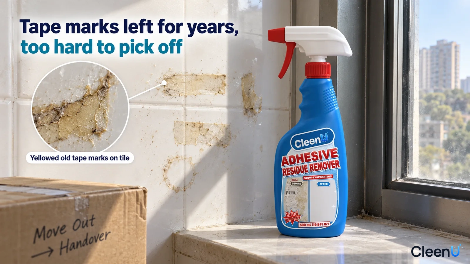 Illustration of an adhesive residue remover bottle beside aged tape marks on white tiles near a window.