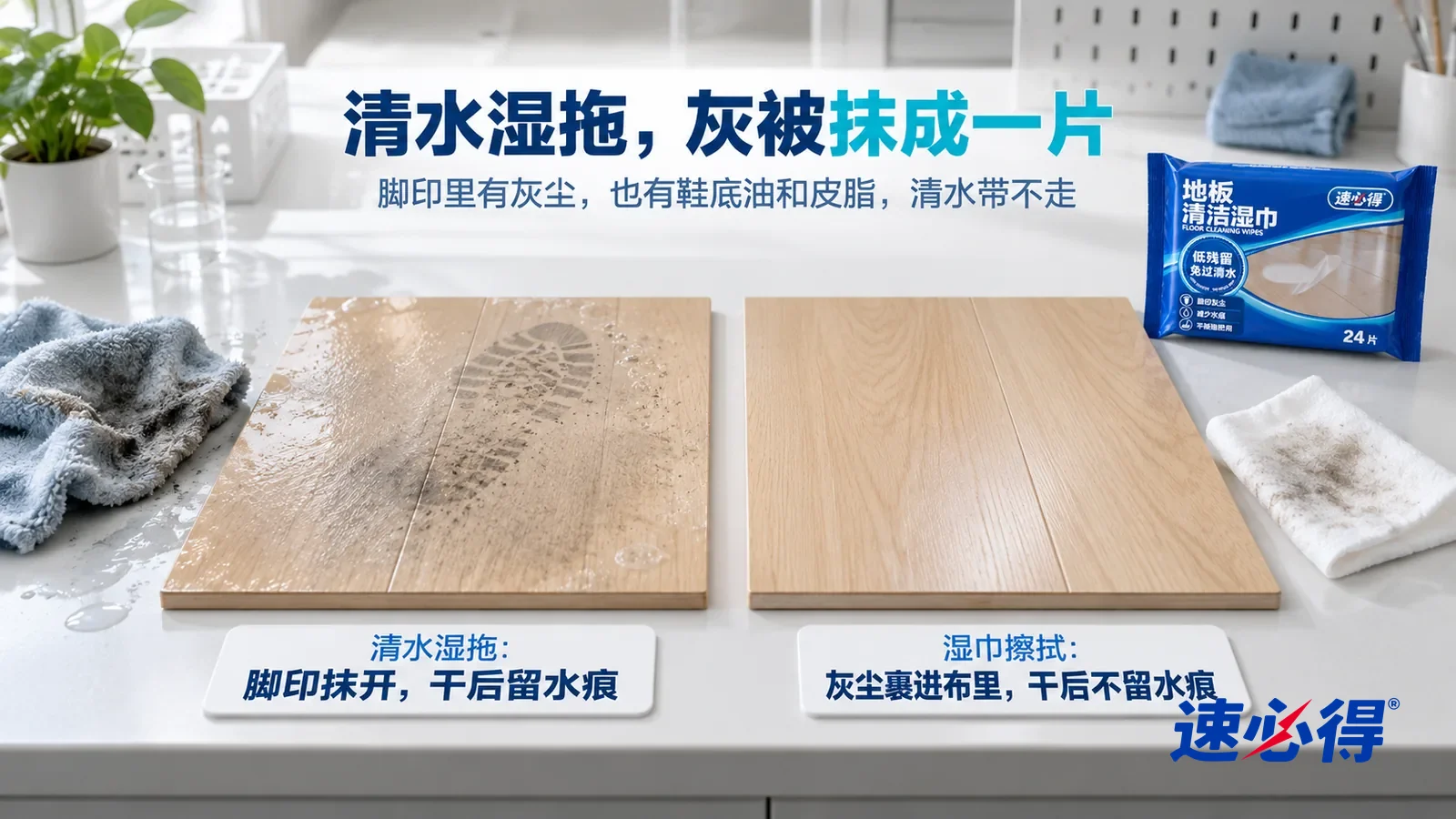 示意图：速必得地板清洁湿巾——白色测试台上并排放着两块同样的浅色复合木地板样板，都带着一样的灰色鞋印，标题“清水湿拖，灰被抹成一片”