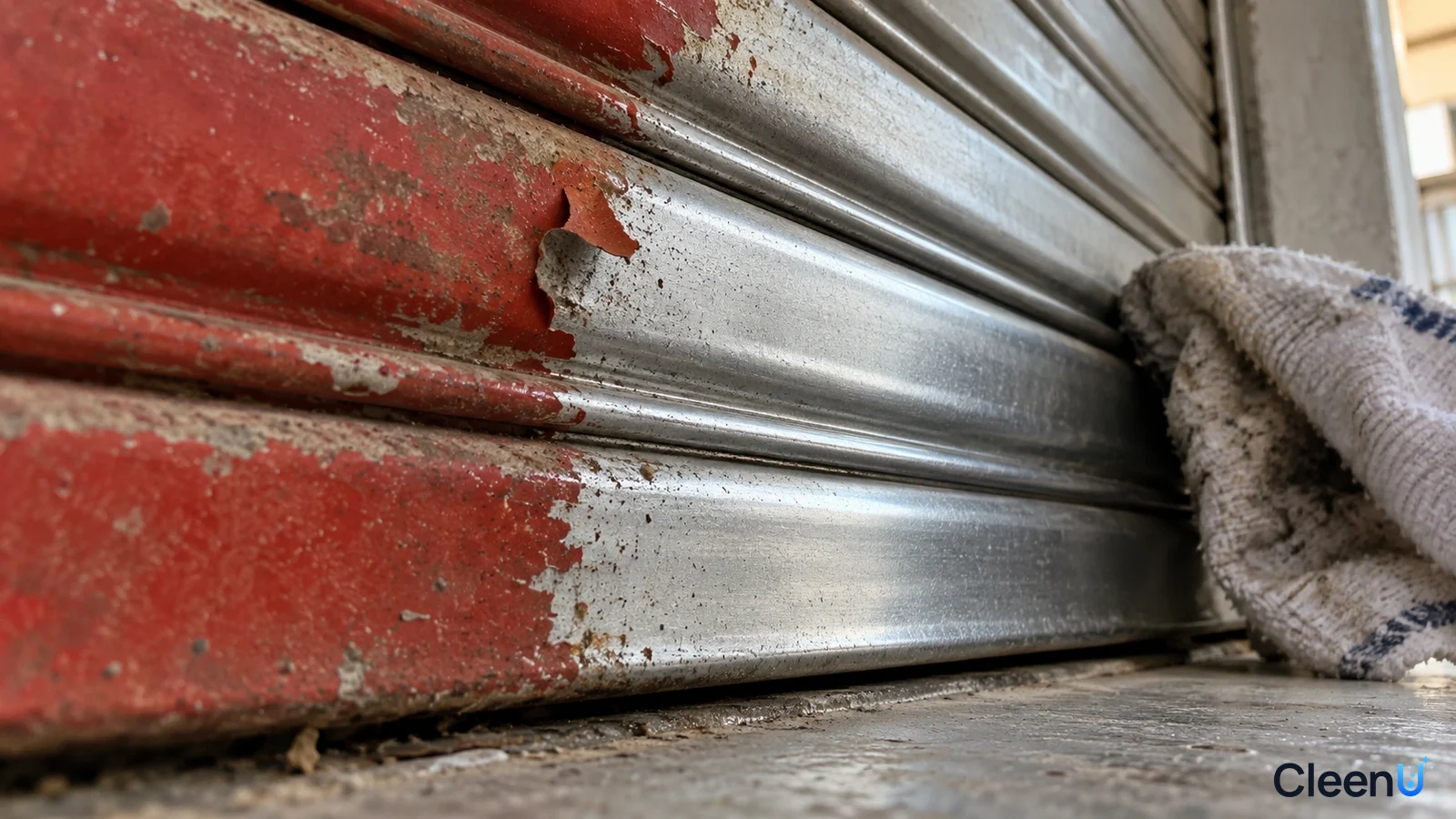 Illustration: Close-up of a gray cloth beside the edge of red paint on a metal roll-up door.
