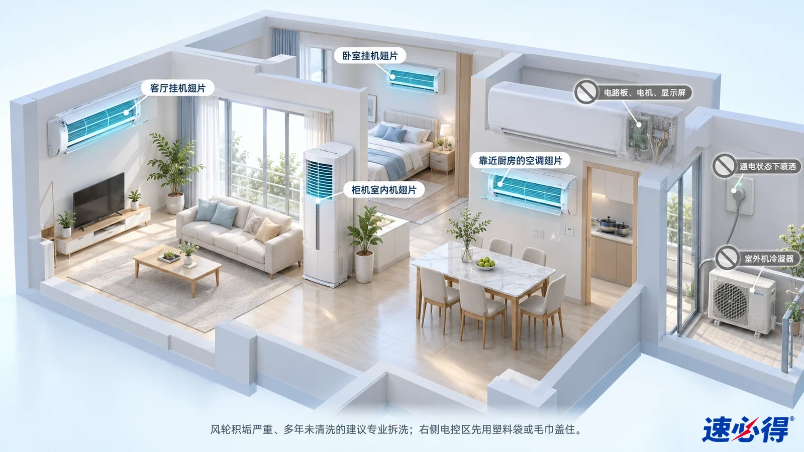 示意图：住宅壁挂及柜式空调等设备被突出显示，旁列设备和部件注意事项。