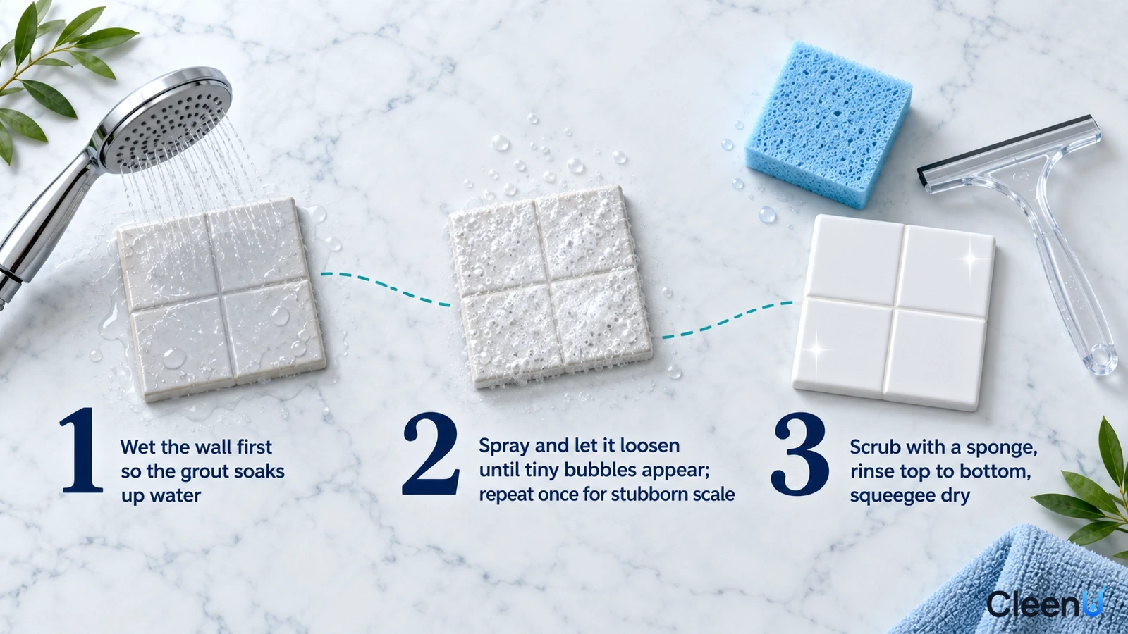 Illustration: A shower head, wall tile samples, blue sponge and squeegee with numbered steps.