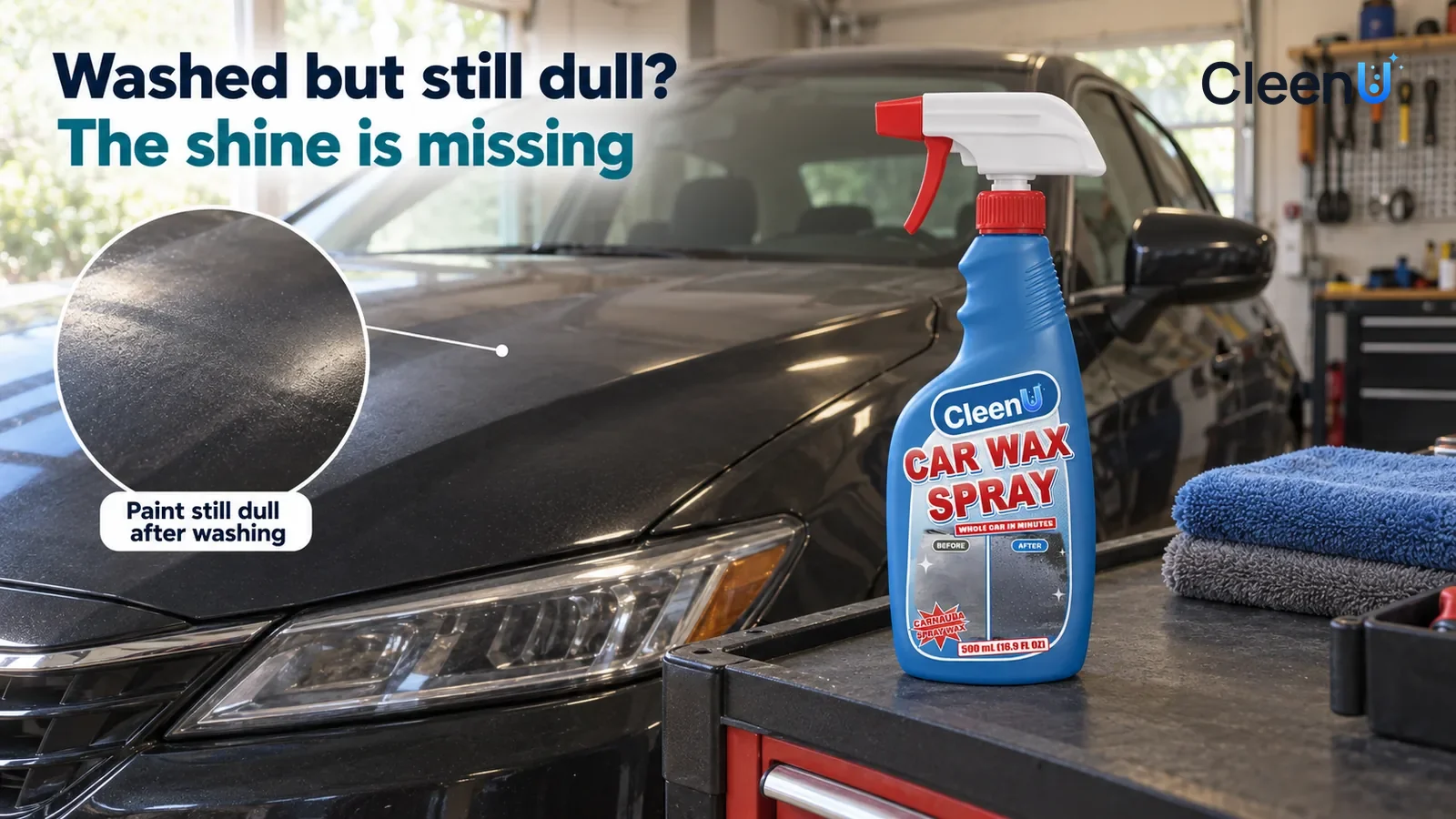 Illustration: CleenU Car Wax Spray — An everyday home garage with a dark sedan (no badge, no plate showing) just washed and dried; soft side light falls at an angle