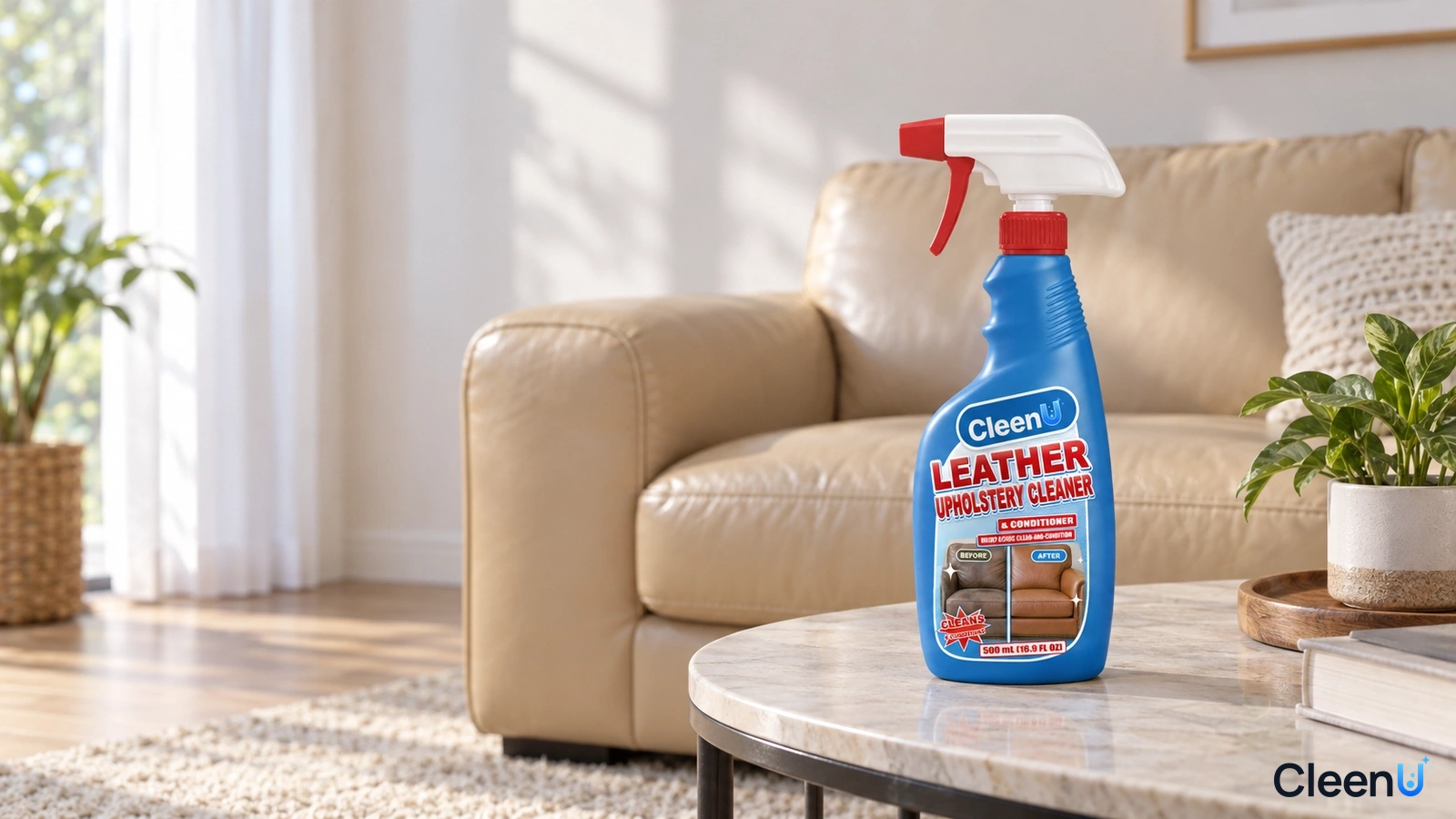 Illustration: A blue cleaner bottle on a round coffee table beside a beige leather sofa near a window.