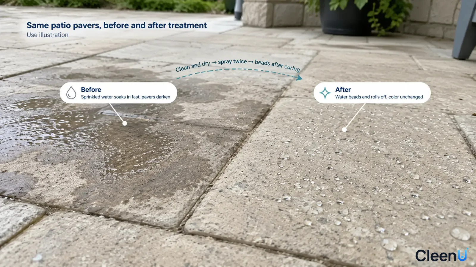 Illustration: Rain-darkened pavers beside an area with water beads; not a measured water-repellency test.
