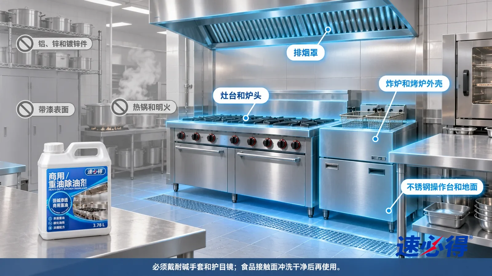 示意图:速必得商用重油除油剂——一张写实 3D 剖面实景图,一间明亮的餐厅后厨,连续空间、一个视角和桶:商用灶台和炉头、不锈钢排烟罩、炸炉和烤炉外壳