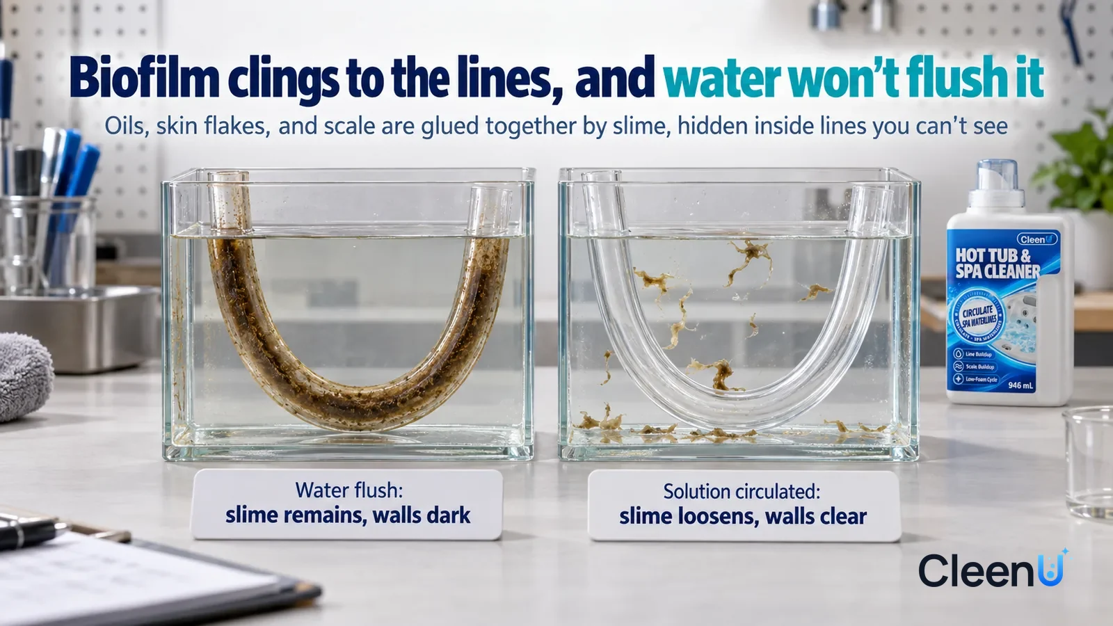Illustration: CleenU Hot Tub & Spa Cleaner — A landscape medium close-up of a small experiment in a cleaning lab: two identical clear glass tanks side by side on a white test bench Headline: "Biofilm