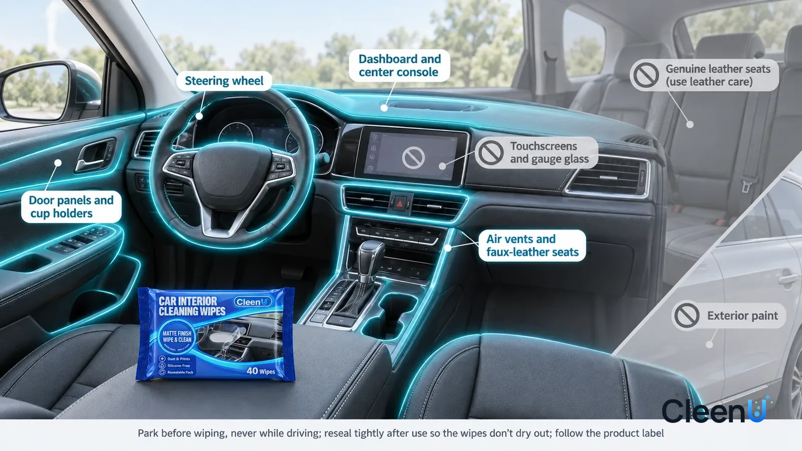 Illustration: CleenU Car Interior Cleaning Wipes — A realistic 3D cutaway of the bright interior of a family car, one continuous space from one viewpoint, without the pack