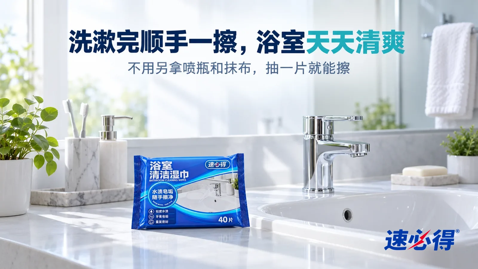 示意图：速必得浴室清洁湿巾——清晨明亮的浴室，白色陶瓷台盆干净，镀铬水龙头光亮，镜面清透，旁边挂着一条叠好的白毛巾，柔和晨光从窗户斜照进来，标题“洗漱完顺手一擦，浴室天天清爽”