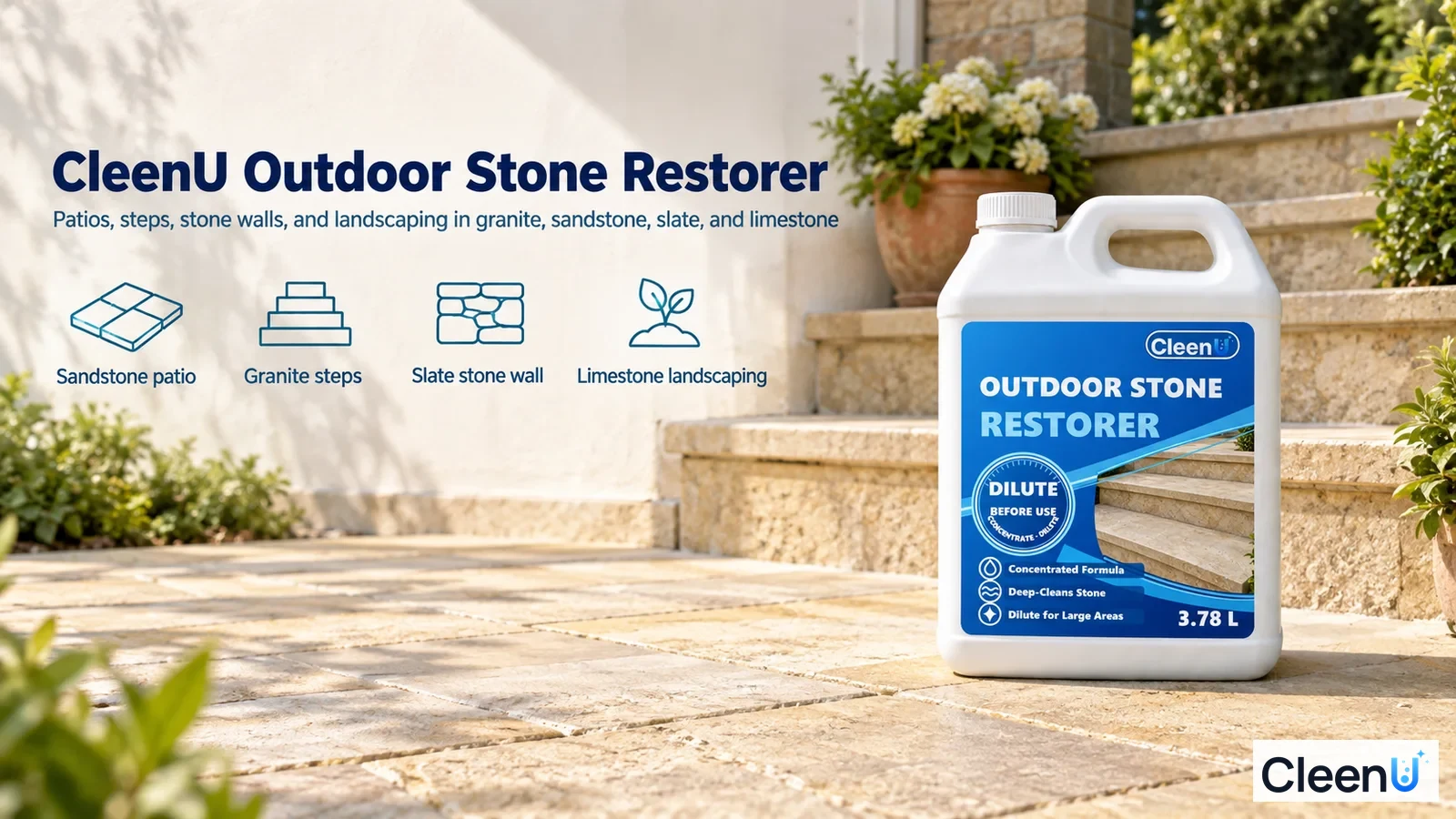 Illustration: A white cleaner jug beside outdoor stone steps with use icons.