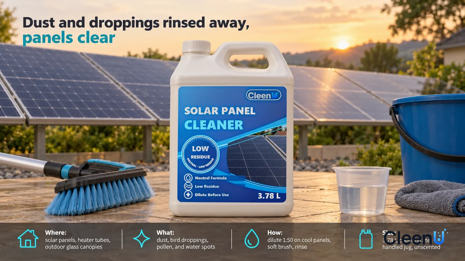 Illustration: CleenU Solar Panel Cleaner — use one backyard with waist-high ground-mounted panels, dark-blue cells and silver grid lines