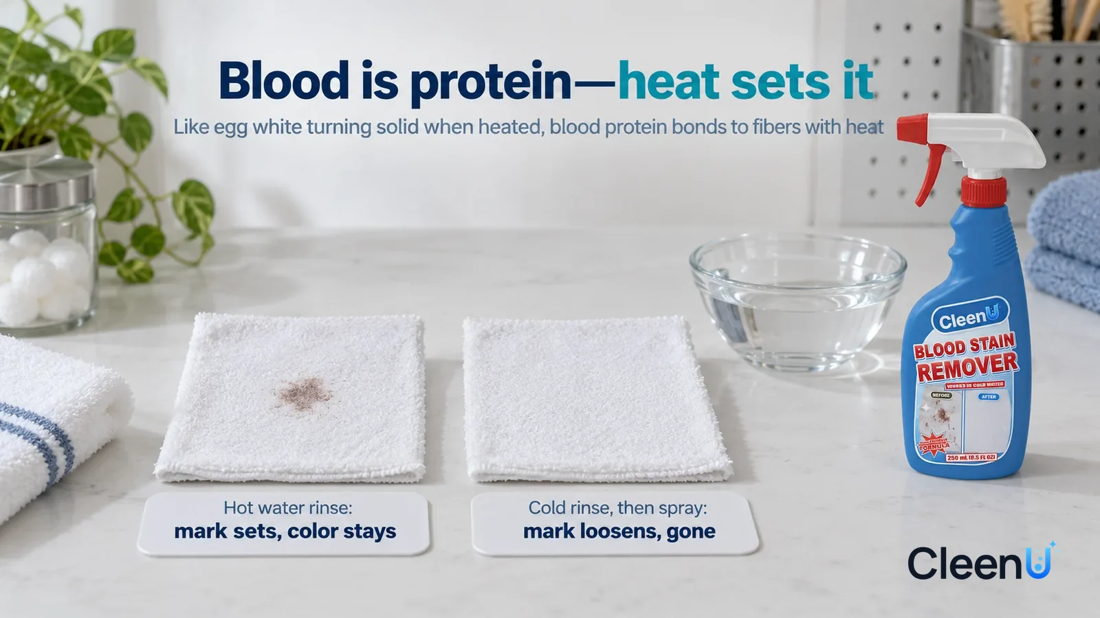 Illustration: CleenU Blood Stain Remover — A landscape medium close-up of a small experiment in a laundry lab: two identical white cotton swatches side by side on a white test bench Headline: "Blood i